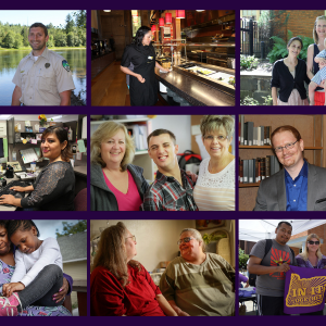 A ollage of 9 images in a grid, each showing SEIU members in different contexts, including work in food service, work outdoors, with family, with clients, and with fellow members.
