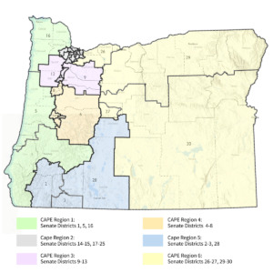 Bản đồ oregon thể hiện các quận SEIU 503 CAPE, các quận thượng viện bang Oregon và các quận của Oregon
