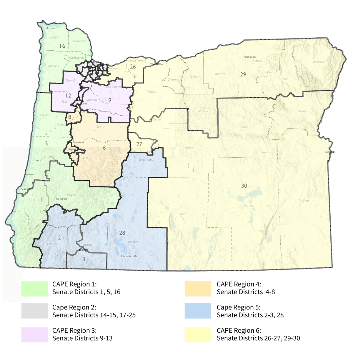 Карта Орегона с указанием округов SEIU 503 CAPE, округов Сената штата Орегон и округов Орегона.
