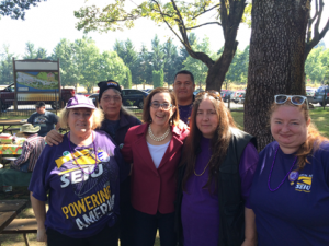 Oaks Park Labor Day Pic 1: Gov. Kate Brown made it a point to visit the SEIU 503 area at the Oaks Park Labor Day Picnic in Portland. From left-to-right: SEIU 503 members Alice Redding, Cynthia LaChester, Gov. Kate Brown, SEIU 503 staff Chris Marquez, SEIU 503 members Joy'e Willman and Paula Likes.