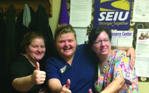 “A $1.07 raise means the the ability to make more payments on student loans, being able to take care of our families, and will allow us to get gifts for children and grandchildren during the holidays.” ~ Mariah Thurston, Suzanne Palese, and Lisa Nelson, CNAs at Prestige Creswell