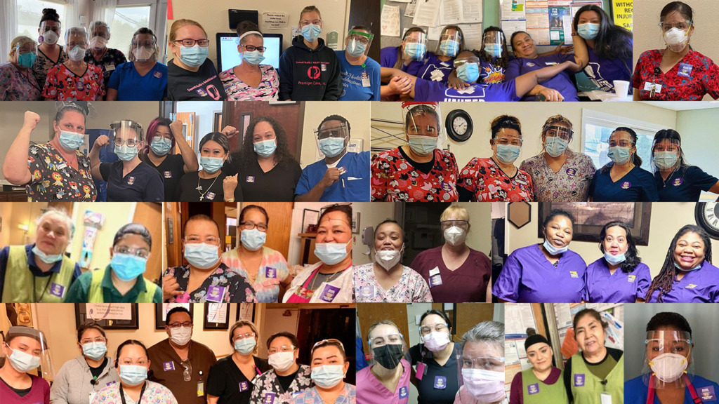 Nursing home workers wearing scrubs and masks, with union stickers