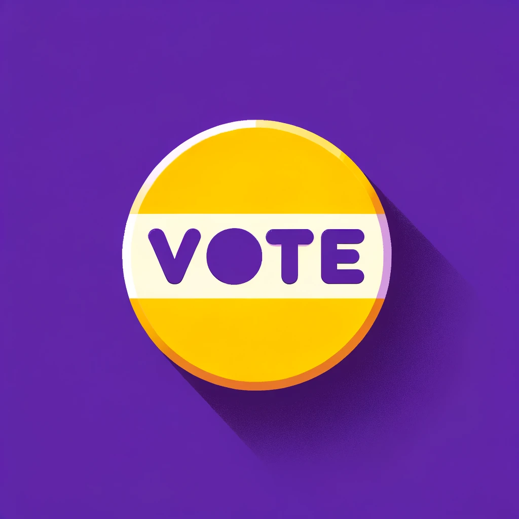 A round pin that says 'VOTE' in purple and yellow